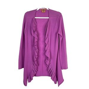 Tory Burch Womens Merino Wool Open Front Ruffle Cardigan Sweater Size M‎ Purple